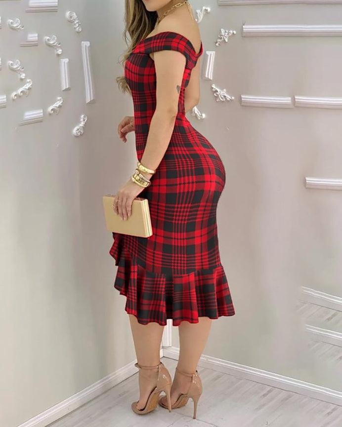 Casual Women's Dresses 2025 Spring Geometric Color Block Printed Ruffle Hem Off Shoulder Short Sleeved Casual Daily Midi Dress