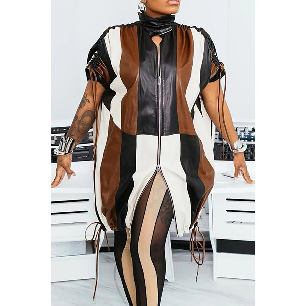 Plus Size Dress Brown Ruched Faux Leather Colorblock Mini