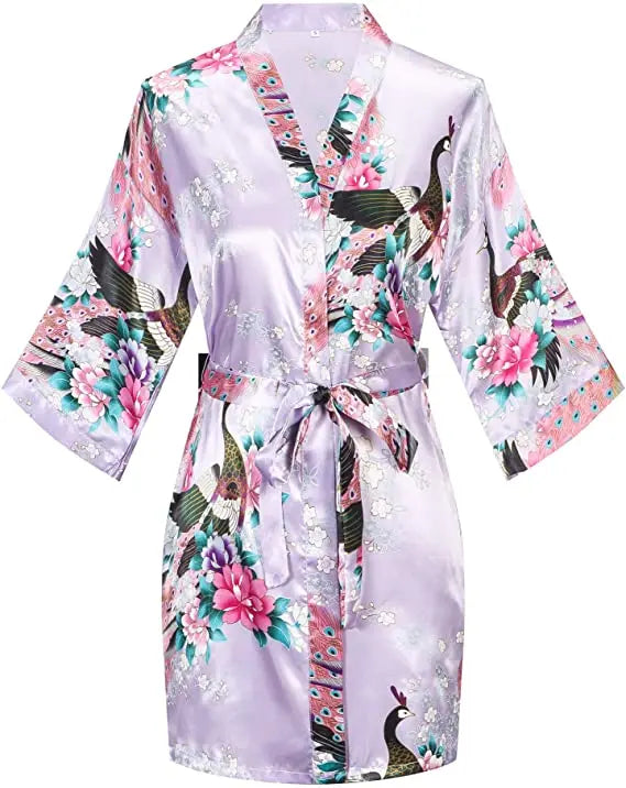 Satin Silk Wedding Bridemaid Robe Print Bathrobe Short Long Night Gown Robe