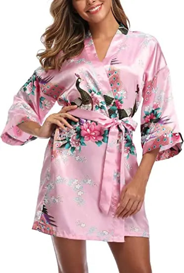 Satin Silk Wedding Bridemaid Robe Print Bathrobe Short Long Night Gown Robe
