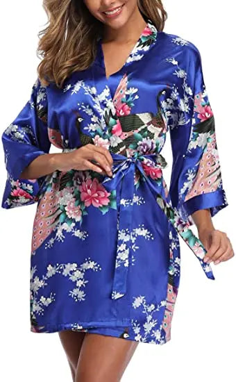 Satin Silk Wedding Bridemaid Robe Print Bathrobe Short Long Night Gown Robe