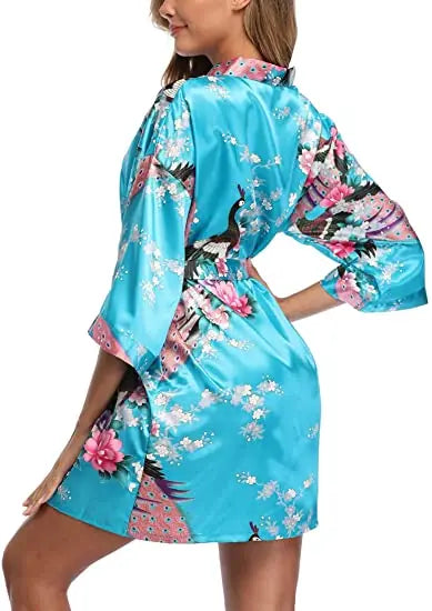 Satin Silk Wedding Bridemaid Robe Print Bathrobe Short Long Night Gown Robe