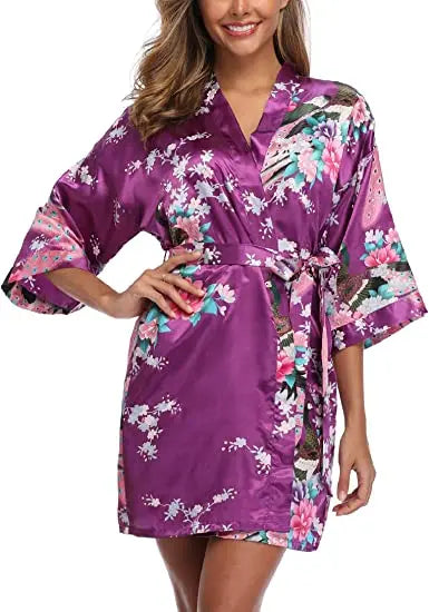 Satin Silk Wedding Bridemaid Robe Print Bathrobe Short Long Night Gown Robe