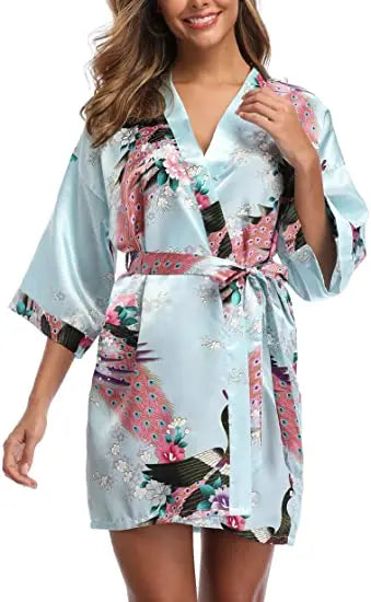 Satin Silk Wedding Bridemaid Robe Print Bathrobe Short Long Night Gown Robe