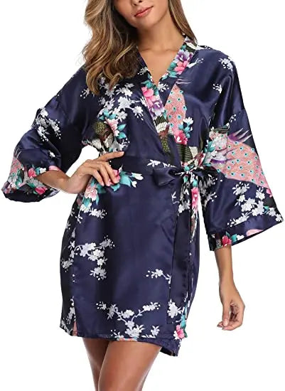 Satin Silk Wedding Bridemaid Robe Print Bathrobe Short Long Night Gown Robe
