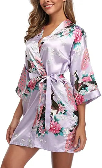 Satin Silk Wedding Bridemaid Robe Print Bathrobe Short Long Night Gown Robe