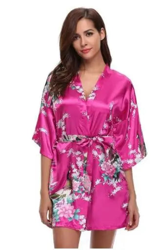Satin Silk Wedding Bridemaid Robe Print Bathrobe Short Long Night Gown Robe
