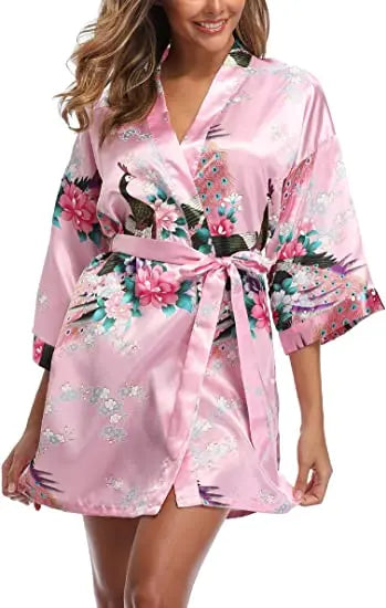 Satin Silk Wedding Bridemaid Robe Print Bathrobe Short Long Night Gown Robe