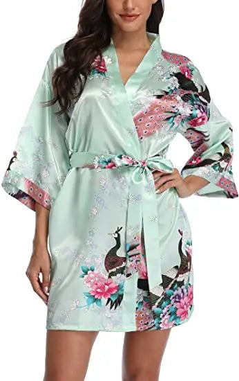 Satin Silk Wedding Bridemaid Robe Print Bathrobe Short Long Night Gown Robe