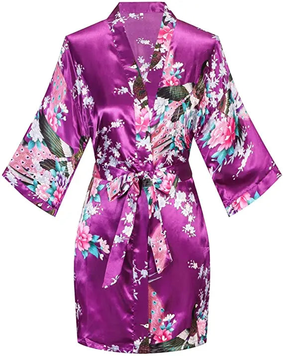 Satin Silk Wedding Bridemaid Robe Print Bathrobe Short Long Night Gown Robe