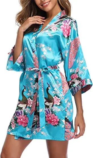Satin Silk Wedding Bridemaid Robe Print Bathrobe Short Long Night Gown Robe