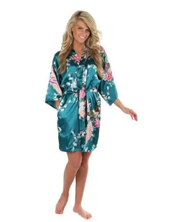 Satin Silk Wedding Bridemaid Robe Print Bathrobe Short Long Night Gown Robe