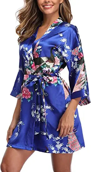 Satin Silk Wedding Bridemaid Robe Print Bathrobe Short Long Night Gown Robe