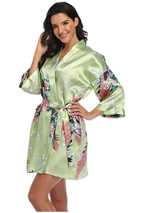 Satin Silk Wedding Bridemaid Robe Print Bathrobe Short Long Night Gown Robe