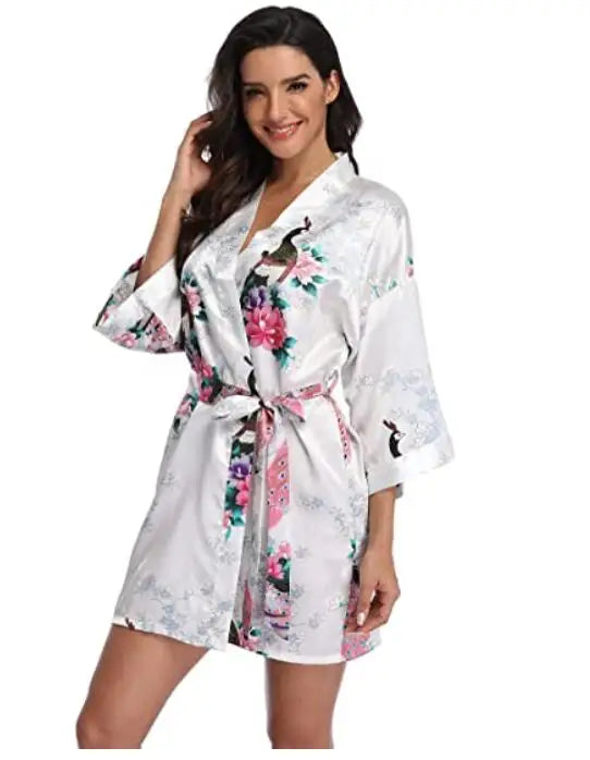 Satin Silk Wedding Bridemaid Robe Print Bathrobe Short Long Night Gown Robe