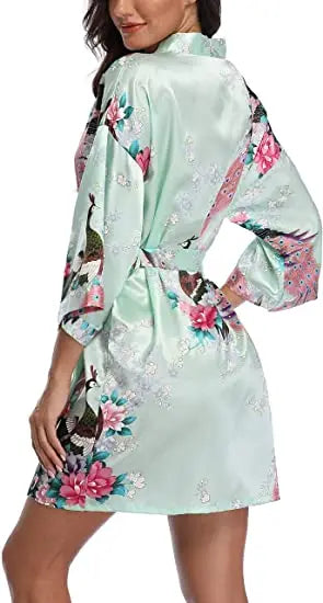 Satin Silk Wedding Bridemaid Robe Print Bathrobe Short Long Night Gown Robe