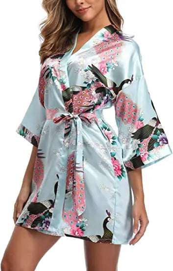 Satin Silk Wedding Bridemaid Robe Print Bathrobe Short Long Night Gown Robe