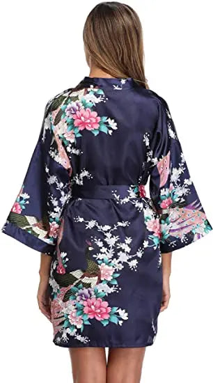 Satin Silk Wedding Bridemaid Robe Print Bathrobe Short Long Night Gown Robe