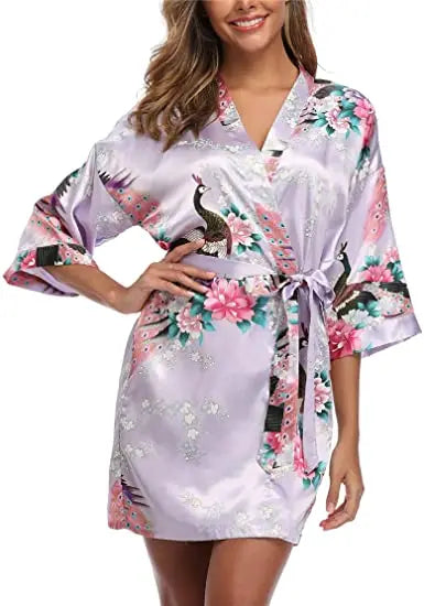 Satin Silk Wedding Bridemaid Robe Print Bathrobe Short Long Night Gown Robe