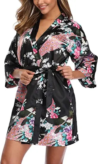 Satin Silk Wedding Bridemaid Robe Print Bathrobe Short Long Night Gown Robe