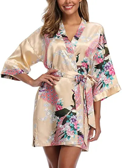 Satin Silk Wedding Bridemaid Robe Print Bathrobe Short Long Night Gown Robe