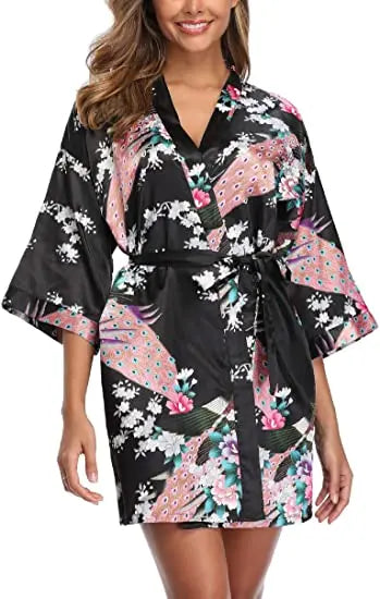 Satin Silk Wedding Bridemaid Robe Print Bathrobe Short Long Night Gown Robe