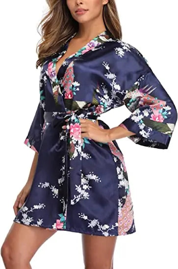 Satin Silk Wedding Bridemaid Robe Print Bathrobe Short Long Night Gown Robe
