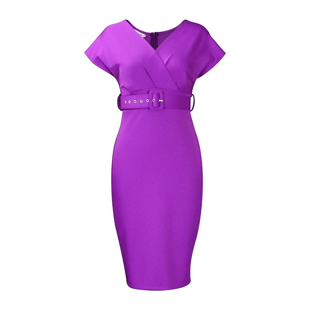 V-neck Short Sleeve Waistband Slit Dress