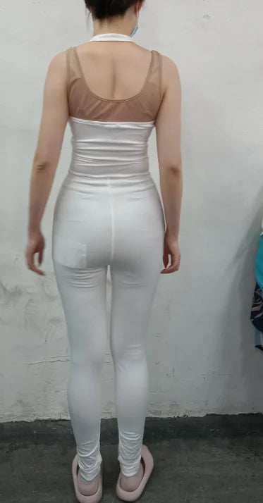 Sexy Women's Jumpsuit Casual Solid Color V-Neck Suspender Top with Hollowed Out Buckle and Contrasting Mesh Elastic Jumpsuit