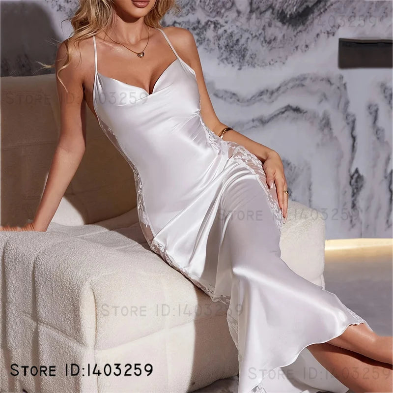 Female Long Nightgown Chemise Sleepwear Sexy Perspective Lace Nightdress Lingerie Summer New Satin Nightie Home Wear Loungewear