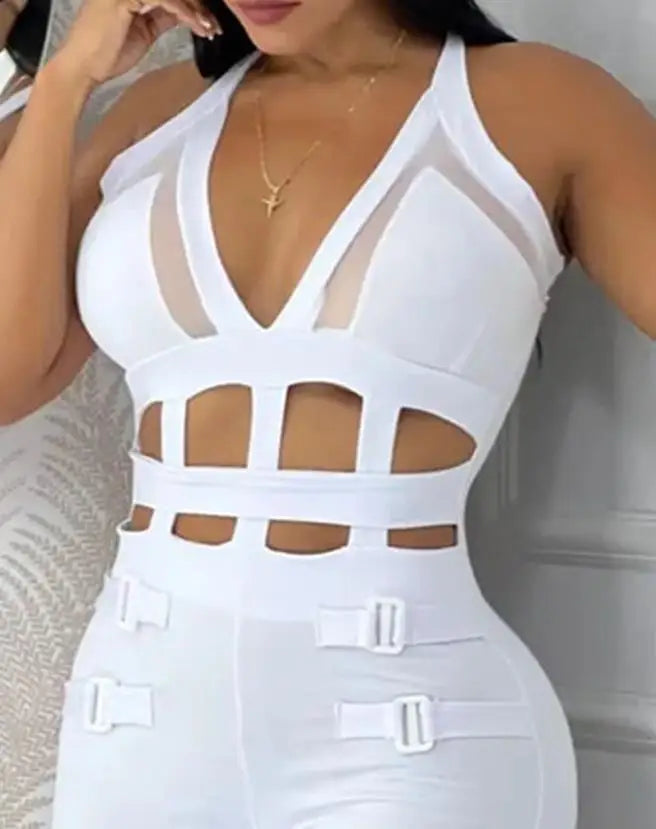 Sexy Women's Jumpsuit Casual Solid Color V-Neck Suspender Top with Hollowed Out Buckle and Contrasting Mesh Elastic Jumpsuit
