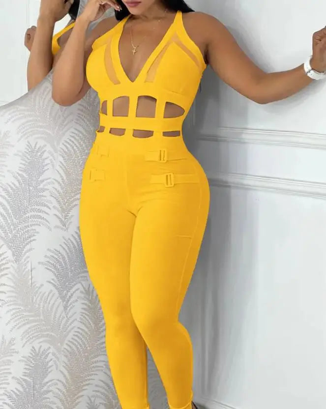 Sexy Women's Jumpsuit Casual Solid Color V-Neck Suspender Top with Hollowed Out Buckle and Contrasting Mesh Elastic Jumpsuit