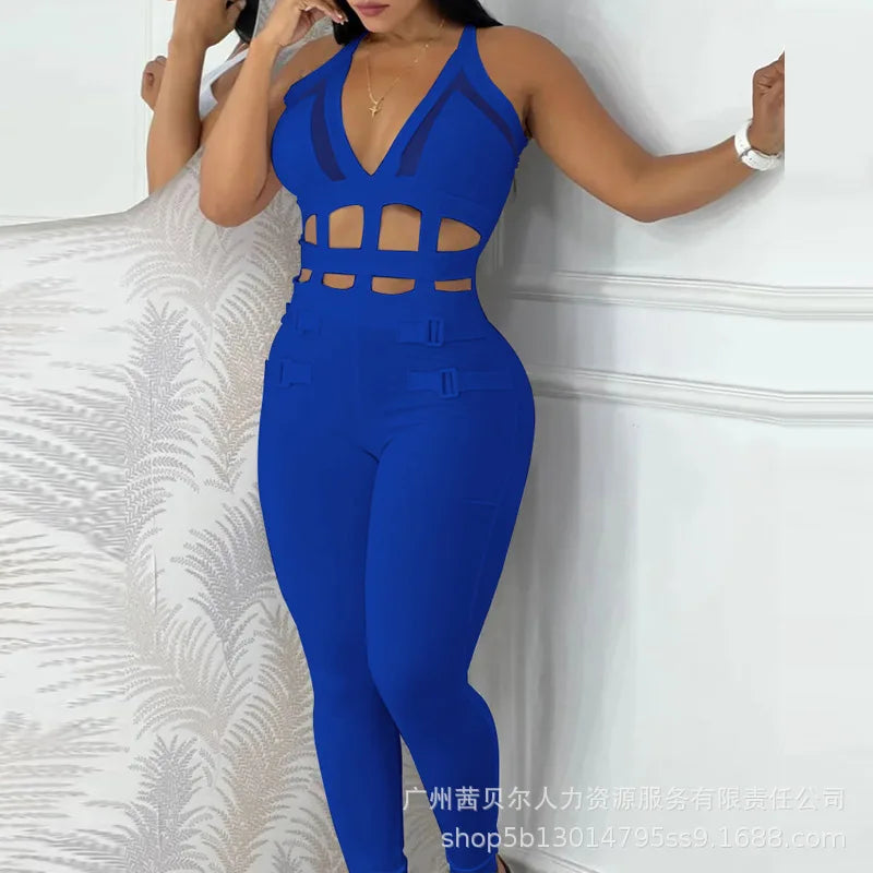 jumpsuits Casual Trendy Skinny Hollowed Out Sleeveless Hanging Neck One-Pieces