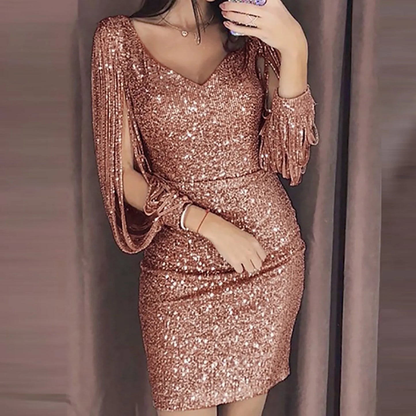 Women's Sexy Party Dress Sequin Fringe Long Sleeve Buttock Nightclub V Neck Elegant Slim Vestido Dresses For Ladies Clubwear