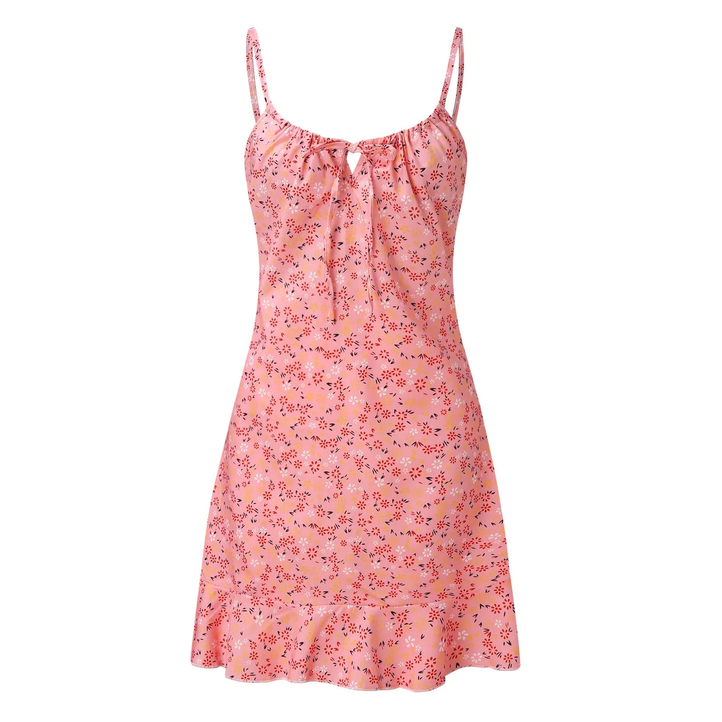 Vestido para mujer, tirantes finos, sin mangas, estampado floral, ajustado, minivestido de verano con volantes, para playa y vacaciones.