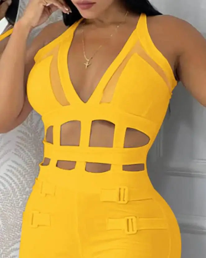 Sexy Women's Jumpsuit Casual Solid Color V-Neck Suspender Top with Hollowed Out Buckle and Contrasting Mesh Elastic Jumpsuit
