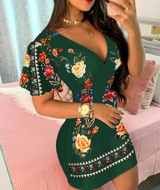 Women's Printed Dress Temperament Commuting Female Clothing Women New Fashion V-Neck Short Sleeve Casual Skinny Dresses