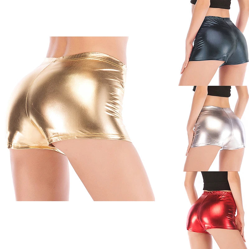 Candy Color Faux Leather Shorts Stretchy Glitter Dance Booty Mini Women Clubwear