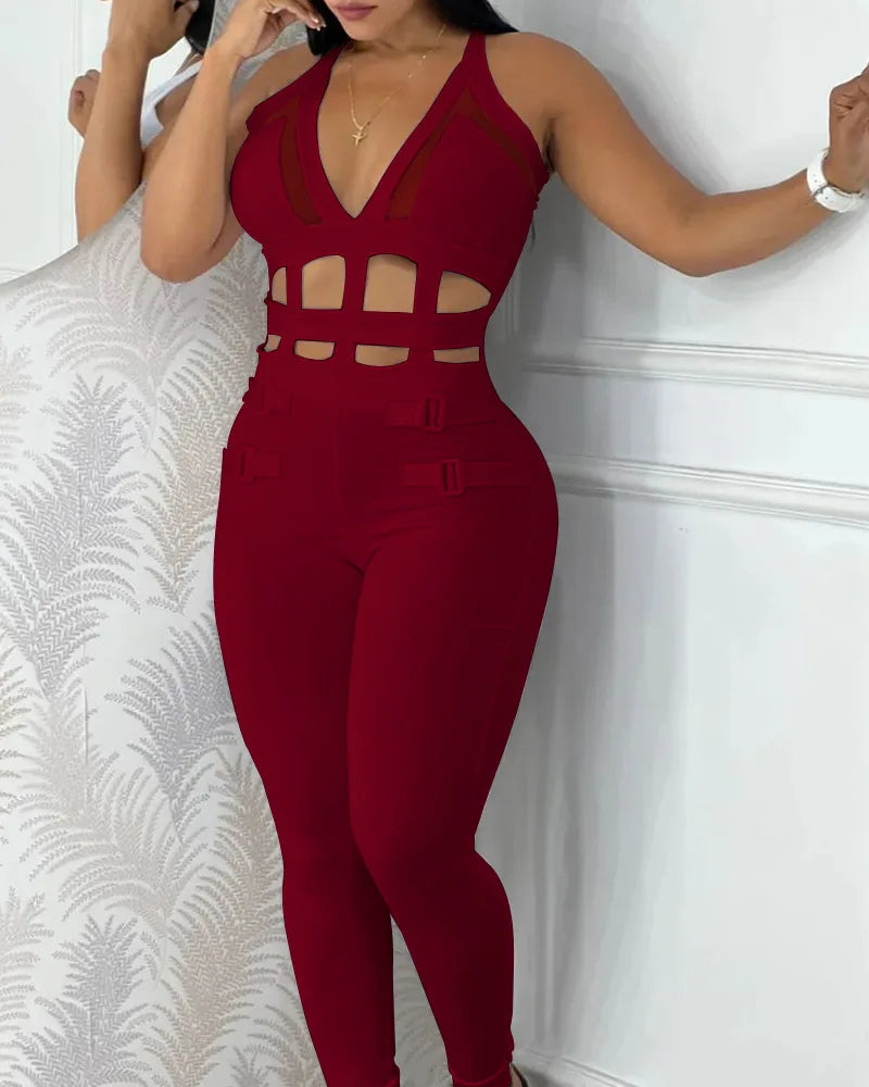 Sexy Women's Jumpsuit Casual Solid Color V-Neck Suspender Top with Hollowed Out Buckle and Contrasting Mesh Elastic Jumpsuit