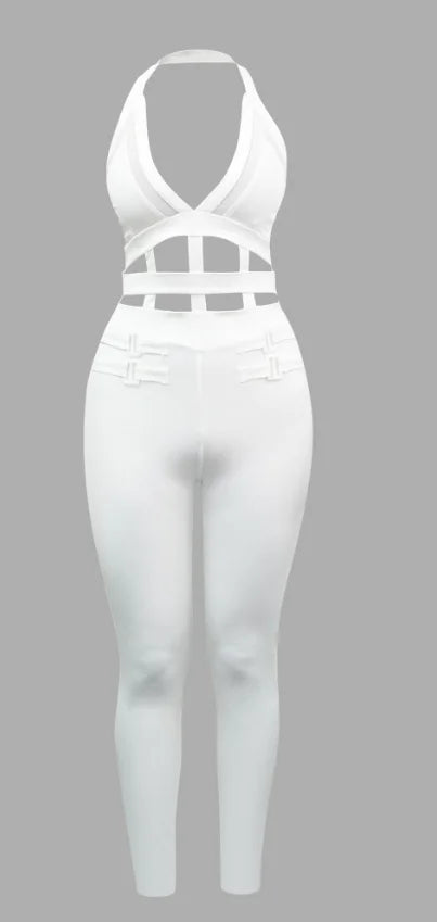 Sexy Women's Jumpsuit Casual Solid Color V-Neck Suspender Top with Hollowed Out Buckle and Contrasting Mesh Elastic Jumpsuit