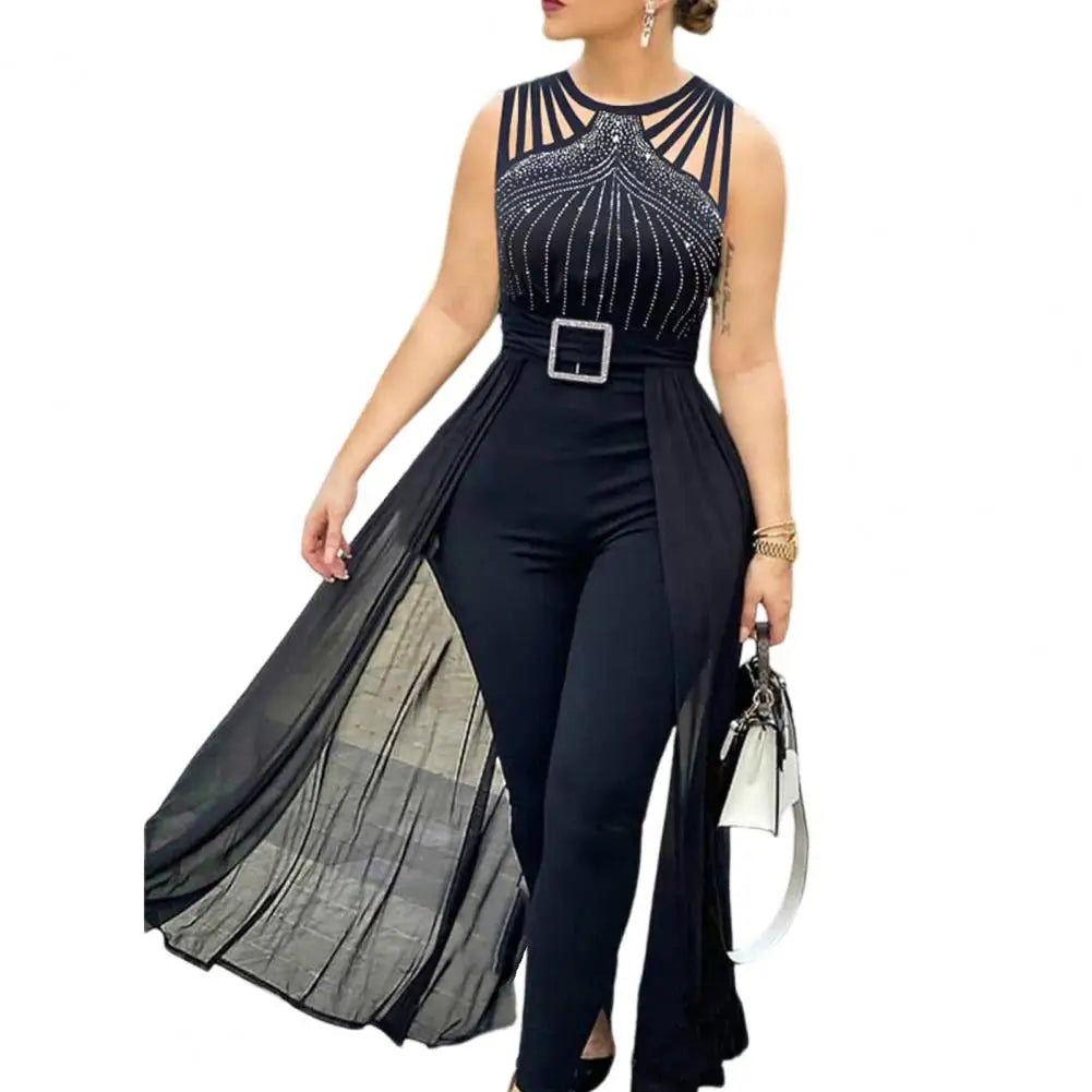 Women Jumpsuit Pleated Jumpsuit Elegant Rhinestone Buckle Jumpsuit for Women Mesh Patchwork High Waist Formal Occasion Party