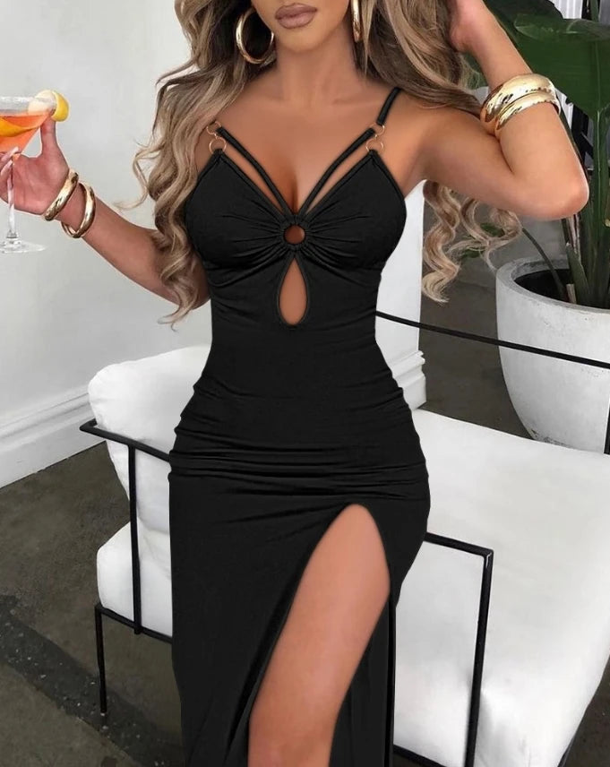 Women's Dress 2024 Summer Sexy Hollow Out V-Neck High Slit Bodycon Spaghetti Strap Dress Vacation Beach Party Dress