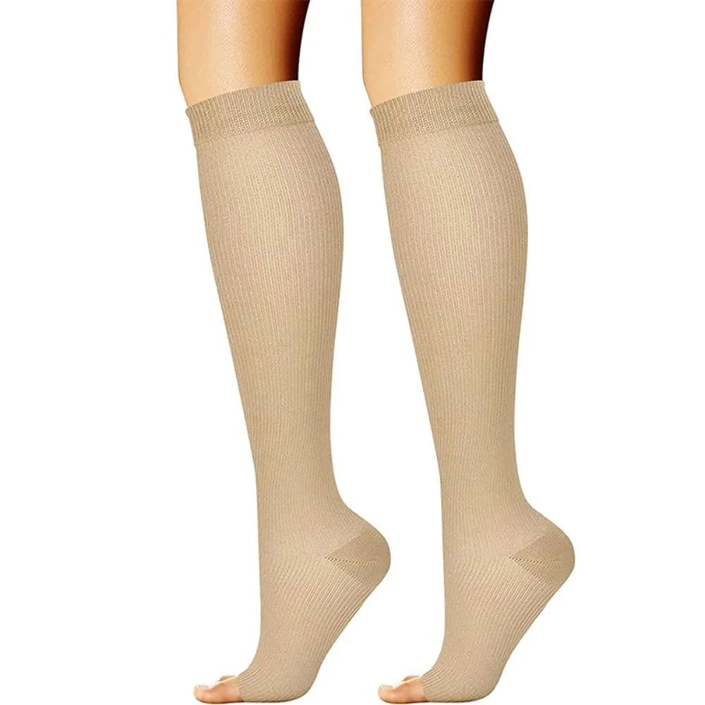 Calcetines de compresión flexibles de nailon hasta la rodilla, tallas S/M/L/XL/XXL, con punta abierta, para uso médico, para mujeres y hombres.