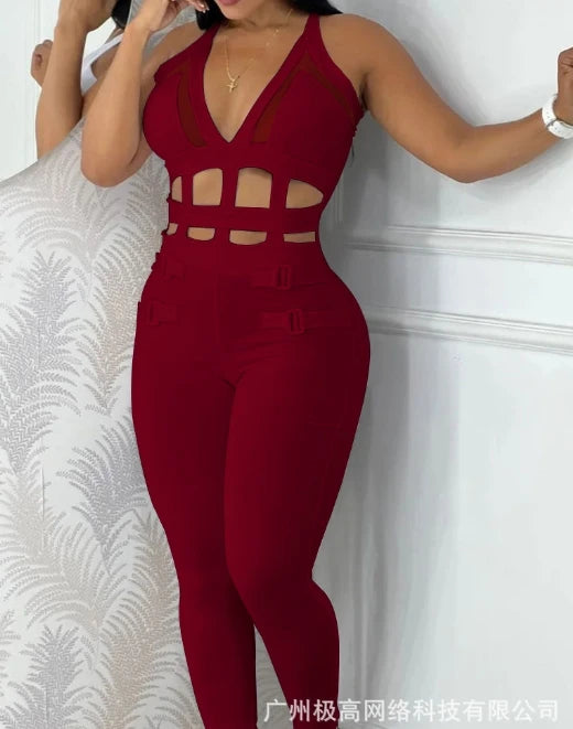 Sexy Women's Jumpsuit Casual Solid Color V-Neck Suspender Top with Hollowed Out Buckle and Contrasting Mesh Elastic Jumpsuit