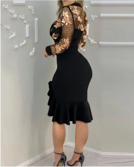 Mesh Ruffle Dress Long Sleeve Dress