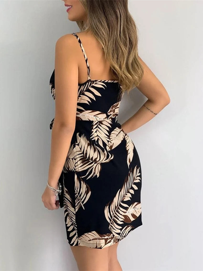 V-Neck Spaghetti Strap Bodycon Dress, Slim Fit with Waist Belt,