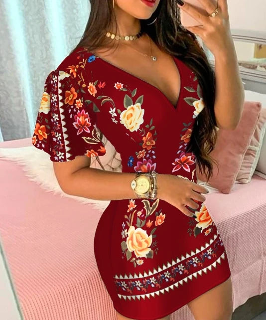 Women's Printed Dress Temperament Commuting Female Clothing Women New Fashion V-Neck Short Sleeve Casual Skinny Dresses