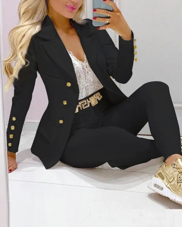 Casual Solid Suit Coat Pants Set Office Lady Autumn Fashion Elegant Long Sleeve Top Trousers Two Piece Set Women Outfit 2023