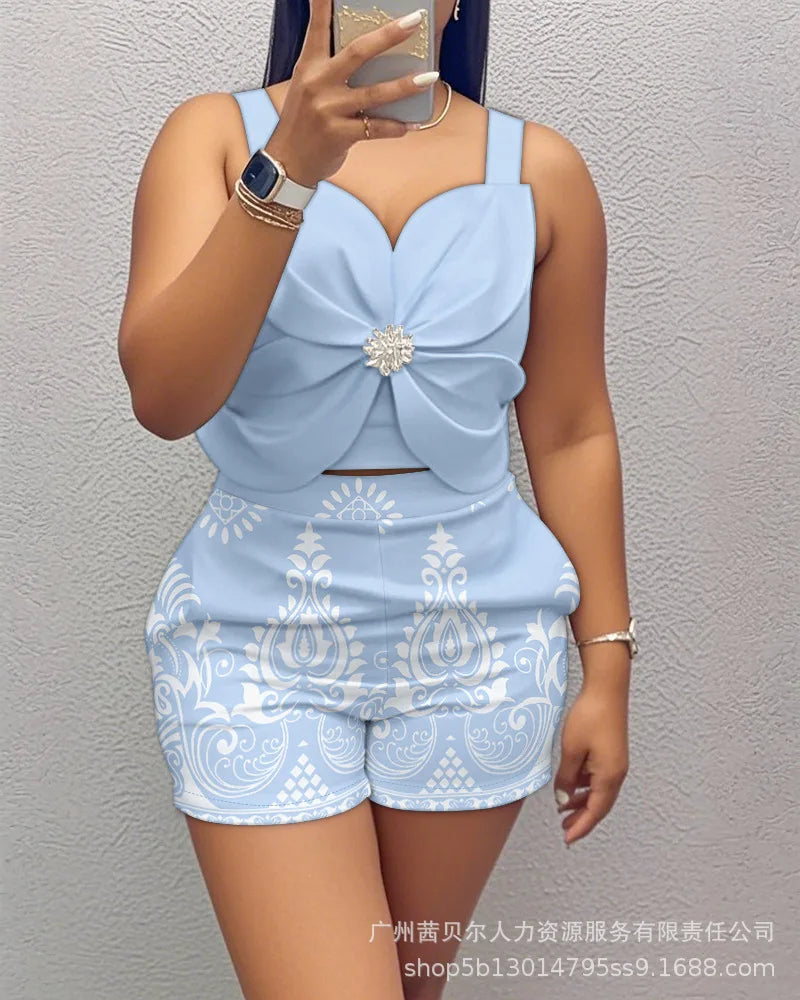 Shorts Pant Set Women Two Piece Sets Matching Sets Sling Tops Short Pants High Waist Print Y2k Streetwear Elegant Work Beach