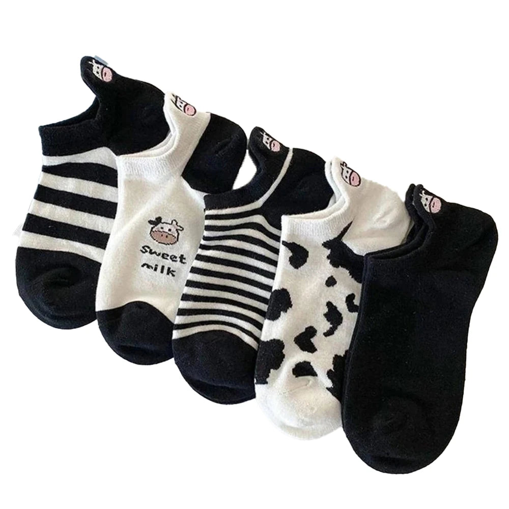 5 pares de calcetines náuticos con estampado de vaca para mujer, modernos y versátiles, con rayas de dibujos animados, suaves, cómodos y transpirables, para uso informal.